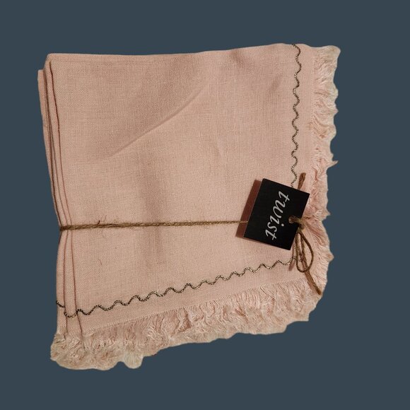 Vintage Pink Linen Napkins With Gold Embroidered Trim & Fringe - Set Of 9 - Picture 3 of 8